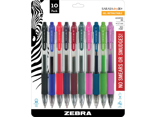 SARASA X20 Retractable Gel Pen, Assorted Ink, 0.7mm, 10-Pack Rapid-Dry Ink, Smear-Resistant, Ideal for Left-Handed Writers, Note-Taking, Office,...