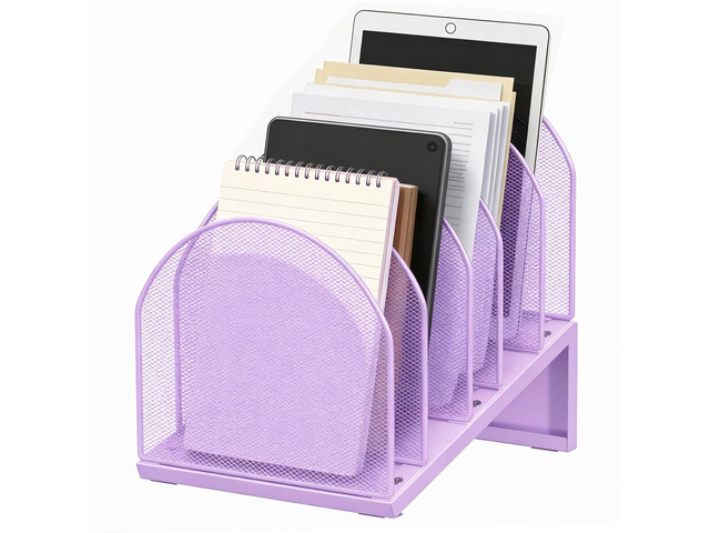 Desktop File Organizer with 5 Compartments Desk Organizer Paper Organizer for Desk Workspace Organizers for Office Supplies (Purple)