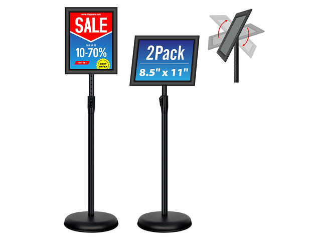 2Pack 8.5x11 Inch Adjustable Pedestal Poster Sign Stand, Heavy Duty Floor Standing Sign Holder Stand Aluminum Snap Open Frame for Vertical and...