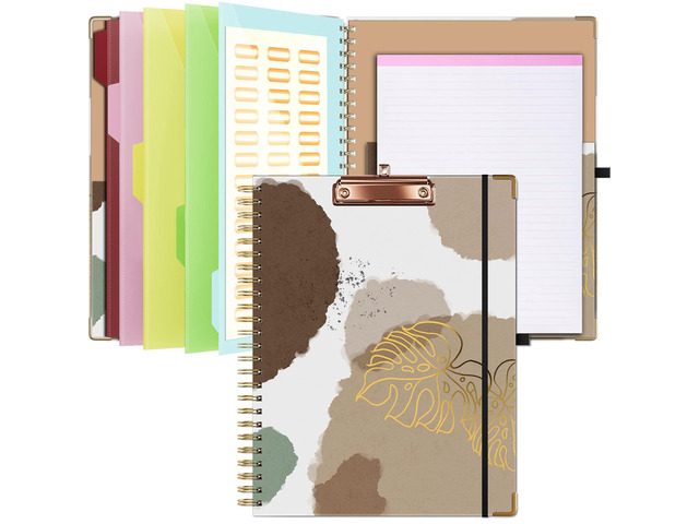 Clipboard with Storage 8.5 X 11Padfolio Organizer, Spiral Portfolio Letter Size with Notepad, Pen Holder, 5 Extra Folder Divider Pages, Elastic...