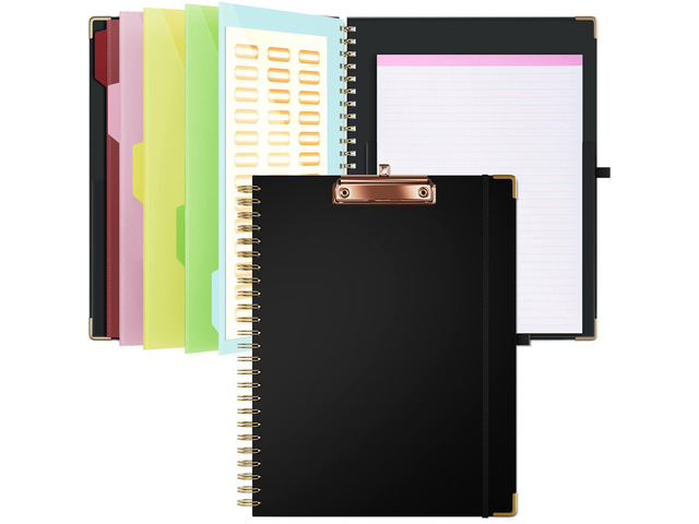 Clipboard with Storage 8.5 X 11Padfolio Organizer, Spiral Portfolio Letter Size with Notepad, Pen Holder, 5 Extra Folder Divider Pages, Elastic...