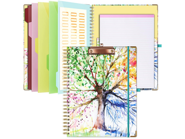 Clipboard with Storage 8.5 X 11Padfolio Organizer, Spiral Portfolio Letter Size with Notepad, Pen Holder, 5 Extra Folder Divider Pages, Elastic...