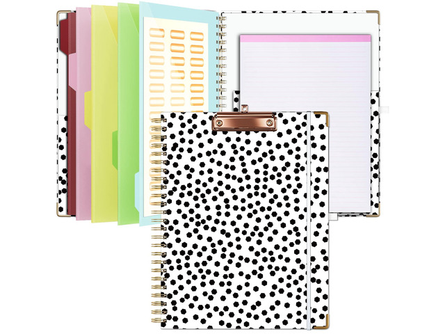 Clipboard with Storage 8.5 X 11Padfolio Organizer, Spiral Portfolio Letter Size with Notepad, Pen Holder, 5 Extra Folder Divider Pages, Elastic...