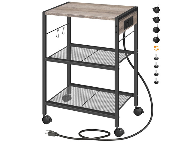 Industrial Printer Stand, 3-Tier Mobile Printer Table, Rolling Cart with Power Outlets and USB Ports, Home Printer Stand with 2 Hooks, for Office,...