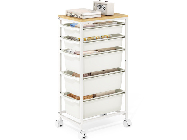 Slim Rolling Cart with 5 Drawers, Metal Utility Storage Cart Wooden Tabletop, Lockable Wheels, Table Side Trolley for Bedroom, Children's Room...