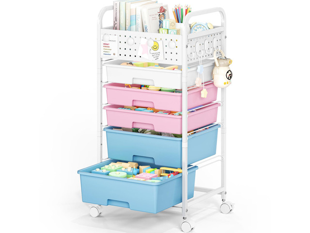 5 Drawer Rolling Storage Cart with Pegboard Top and Hooks, Pink & Blue Mobile Organizer Cart with Wheels for Office Supplies, Craft Storage,...