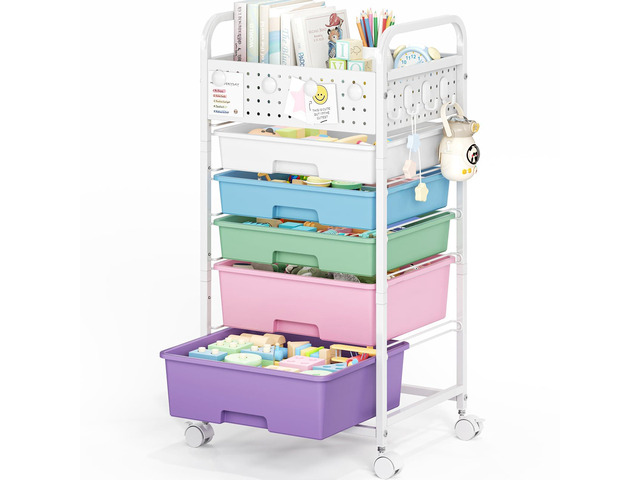 5 Drawer Rolling Storage Cart with Pegboard Top and Hooks, Ice Cream Mobile Organizer Cart with Wheels for Office Supplies, Craft Storage,...