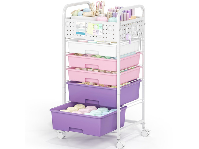 5 Drawer Rolling Storage Cart with Pegboard Top and Hooks, Dreamy Color Mobile Organizer Cart with Wheels for Office Supplies, Craft Storage,...
