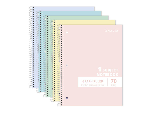 1 Subject Graph Paper Spiral Notebook 5 Pack, 140 Pages, Assorted 70 Sheets, 8 x 10.5 in, 3-Hole Punched, Graph Notebook, Grid Paper, School...