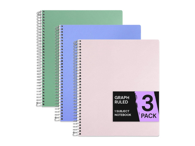 1 Subject Graph Paper Spiral Notebook 3 Pack, 200 Pages 100 Sheets, 9 x 11 in, Waterproof Plastic Cover, Durable, 3-Hole Punched, Divider,...