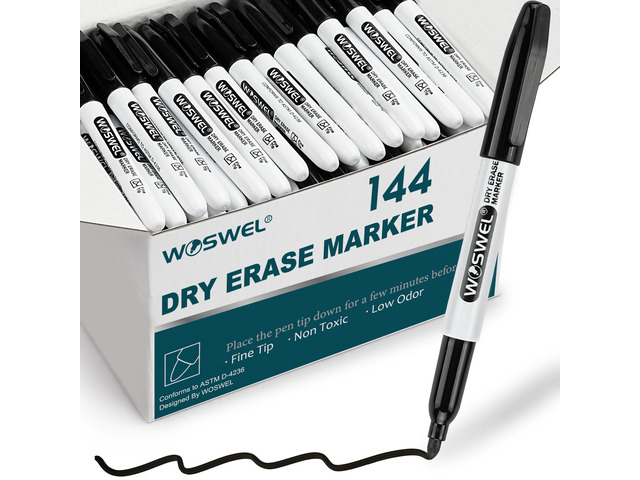 Dry Erase Markers Bulk, 144 Pack Black Fine Tip Whiteboard Marker, Fine Point, Low Odor Dry Erase Pen for School Office Home