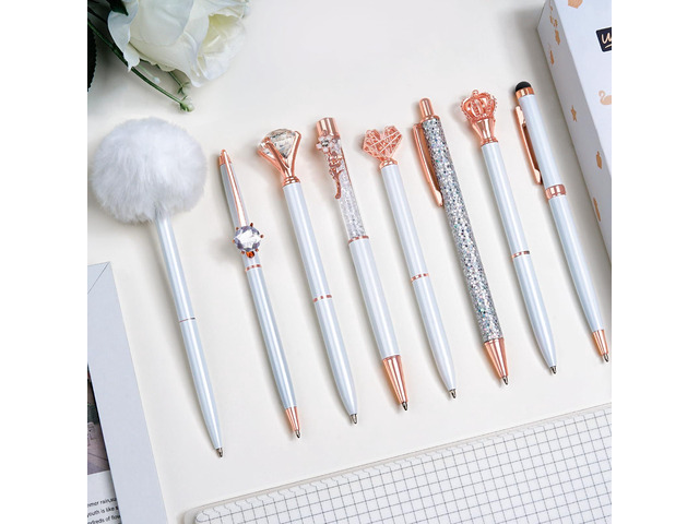 8Pcs Fancy Pens Set, Metal Crystal Diamond Pens White With Black & Blue Ink, Glitter Design for Journaling, Office Supplies, School Use & Gifts for...