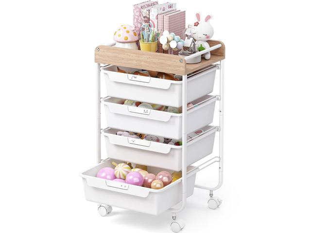 Rolling Storage Utility Cart with 4 Drawers,Art Cart,White Kids Craft Cart,Makeup Organizer and Storage with Wooden Tabletop