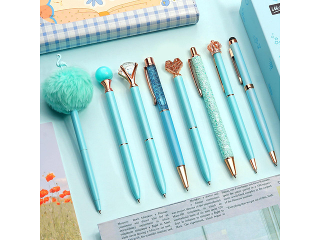 8Pcs Blue Pens, Metal Crystal Diamond Pens with Black & Blue Ink Cute Fancy Pens for Journaling, Office Supplies, Gifts for Women Girls, Birthday &...