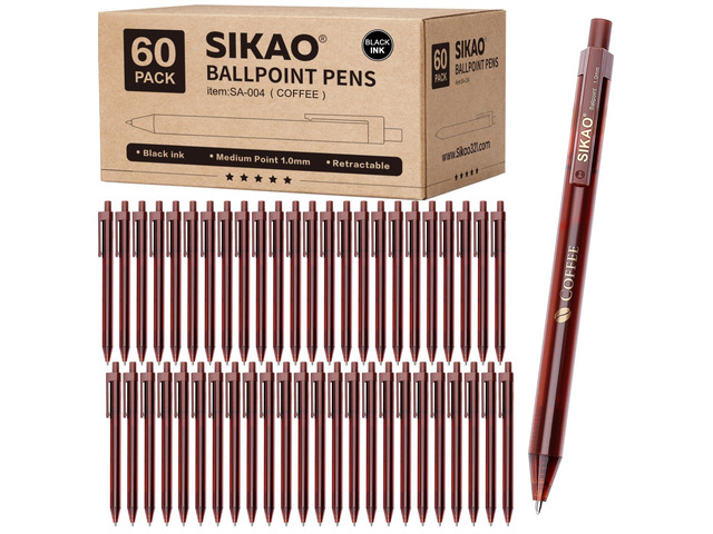 Black Pens Bulk, 60 Pack Retractable Ballpoint Pens COFFEE Black Ink 1.0mm Smooth Writing No-Smear, Click Pens for Office, School, Café Use or Severs