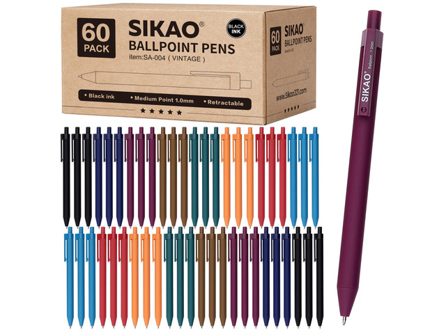 Pens Bulk, 60 Pack Retractable Ballpoint Pens Black Ink (Vintage) 1.0mm Smooth Writing Clear Lines No-Smear, 8 Calm Vintage Styles Click Pens for...