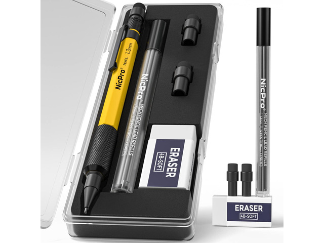 MP2000 1.3mm Metal Mechanical Pencil Set with Case (Yellow) 12 Black Lead Refill, Eraser, Weatherproof Heavy Duty Carpenter Pencils for Outdoor...