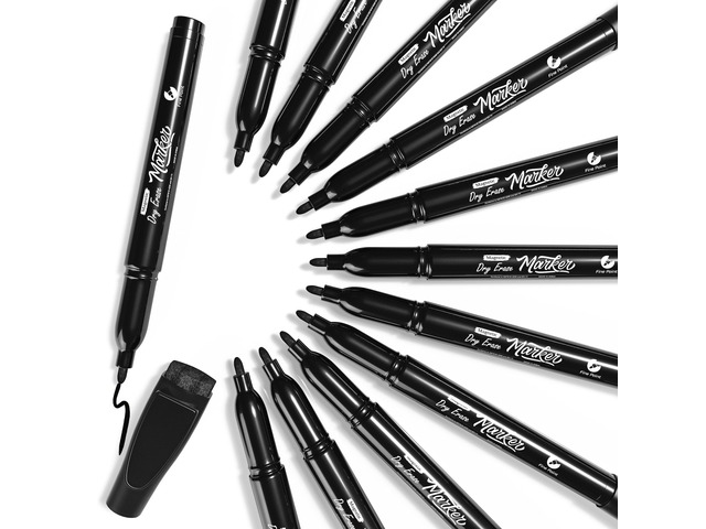 12 Pack Magnetic Dry Erase Markers Black Fine Tip Whiteboard Markers with Eraser Cap Thin Low Odor Skinny White Board Markers for Adults Students...