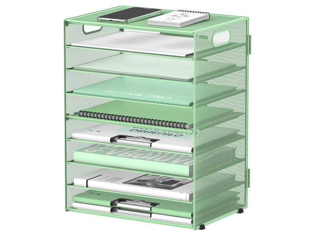 9-Tier Paper Organizer for Desk, Metal Letter Tray with Handles, Mint Green Desk File Organizer with Removable Trays for Sorting Files, Folders,...