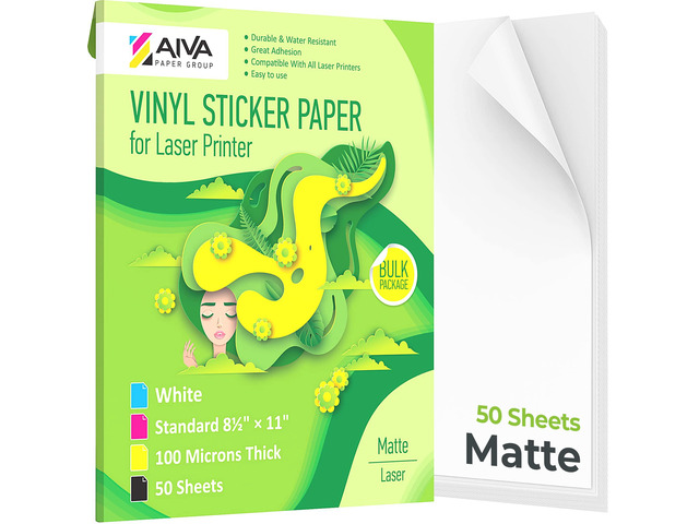 Printable Vinyl Sticker Paper for Laser Printer - Matte White - 50 Self-Adhesive Sheets - Waterproof Decal Paper - Standard Letter Size 8.5'x11'