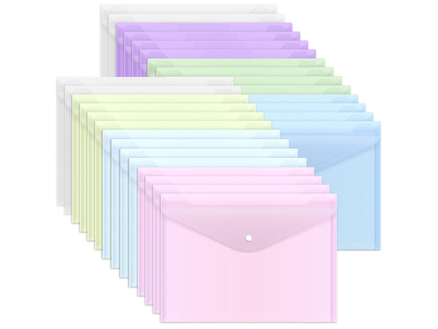 28pcs Plastic Envelopes, Plastic Folders for Documents, Poly Folders with Snap Closure, A4 Size, Letter Size, for School and Office Supplies