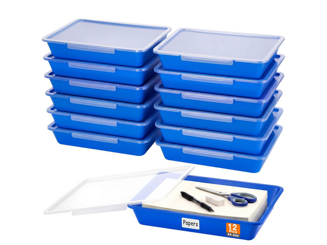 12 Pcs Classroom Paper Storage Bins with Clear Latching Lid, Label Stackable Letter Size Flat Tray Container for Teacher Back to School Supplies...