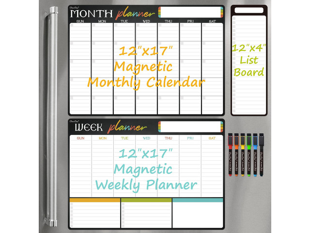 Magnetic Dry Erase Monthly Calendar Set - 17'x12' Monthly and Weekly Calendar, 4'x12' List Board for Fridge - 6 Extra Fine Point Markers Included -...