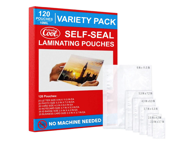 10 Mil Self Adhesive Laminating Sheets Variety Pack 120 Count Self Seal Laminating Pouches for Letter, Photo, Card, Notecard, ID Badge & Business...