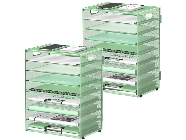9-Tier Paper Organizer for Desk with Handles, Mint Green, 2 Pack Desk File Organizer with Removable Trays for Sorting Files, Folders, Mail and...