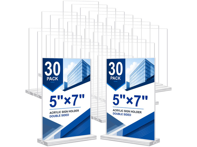 Acrylic Sign Holder 5 x 7, 30 Pack Clear Table Menu Vertical Display Stand Desktop Display Double Sided Stand Paper Holder Table Sign Suitable for...