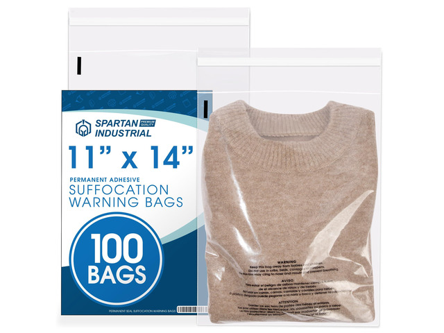 11 X 14 (100 Count) Self Seal Clear Poly Bags with Suffocation Warning for Packaging, T Shirts - Permanent Adhesive