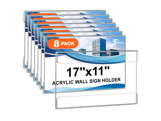 Acrylic Sign Holder 11 x 17 Wall Mount with Tape, Horizontal, 8 Pack Sturdy Clear Horizontal Wall Display with Secure Adhesive for Smooth Surfaces...