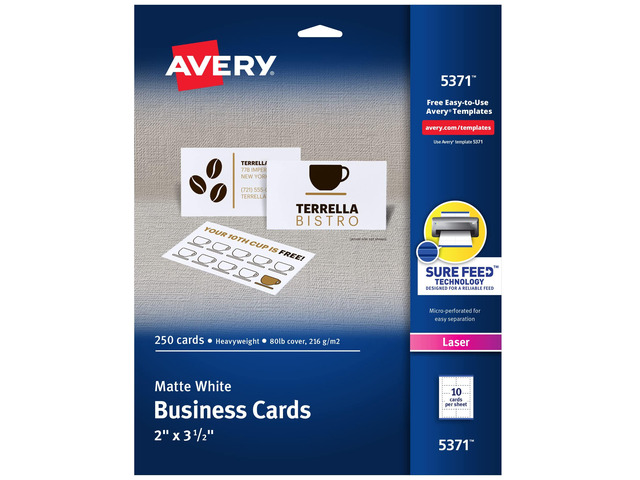 Printable Business Cards with Sure Feed Technology, 2' x 3.5', White, 250 Blank Cards for Laser Printers (05371)