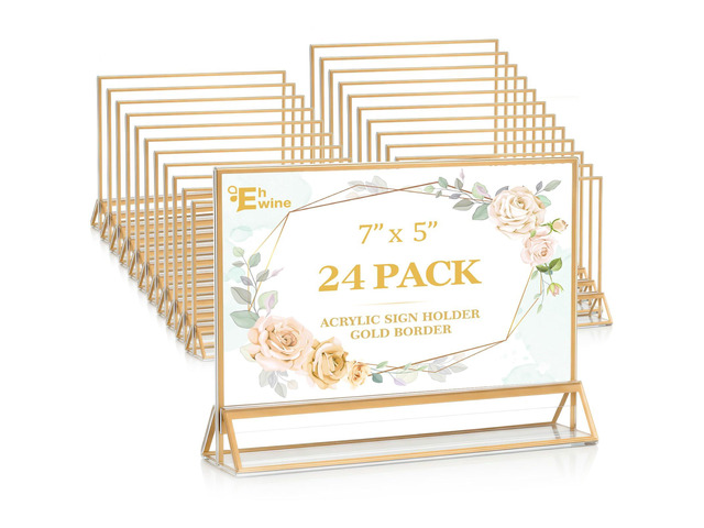 24 Pack Acrylic Sign Holder 5 x 7 Horizontal, Double-Sided Stand up Table Top Sign Holders, Gold Acrylic Picture Frame Menu Flyer Paper Holder...