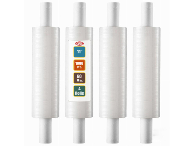 4 Pack Stretch Wrap 11 Inch 1000 Ft 60 Gauge with Handle Heavy Duty Industrial Strength Shrink Wrap Roll for Moving Supplies, Furniture, Pallet...