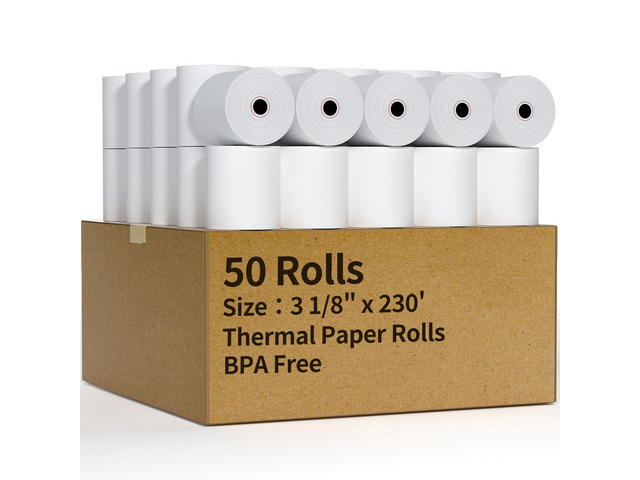 (50 Rolls) 3 1/8' x 230' Thermal Receipt Paper Rolls Cash Register POS Thermal Paper, Credit Card Rolls Thermal 3 1/8 in x 230 ft