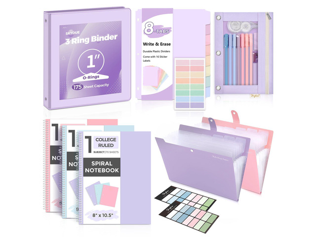 School Supplies Set 1' 3-Ring Binder, 2 Expanding File Folders, 3 Spiral Notebooks, 8 Tab Dividers & Pencil Pouch Cute Stationery for High School...