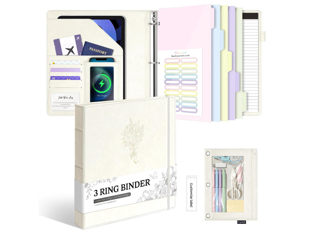 Leather 3 Ring Binder for Letter Size Documents with PVC Pocketed Dividers, Pencil Pouch & Notepad, 1 Inch Round Rings, Holds 175 Sheets, for...