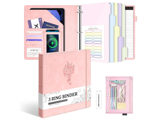 Leather 3 Ring Binder for Letter Size Documents with PVC Pocketed Dividers, Storage Bag & Notepad, 1 Inch Round Rings, Holds 175 Sheets, for Office...