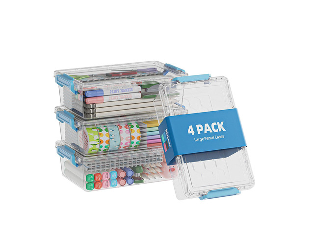 4 Pack Extra Large Pencil Box, Plastic Pencil Case Organizer, Clear Crayon Box Marker Organizer, Stackable Craft Organizers and Storage for Pen,...