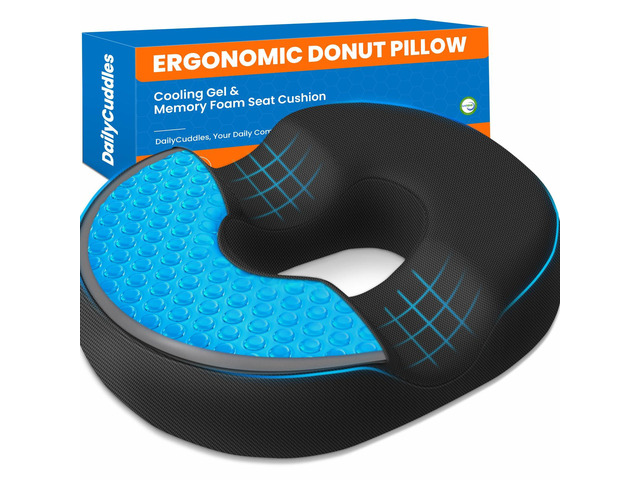 Donut Pillow Cooling Gel Memory Foam Cushion, XXL, Black Relief for Tailbone Pain Hemorrhoids Pregnancy Sciatica, Machine Washable Cover, Non-Slip...