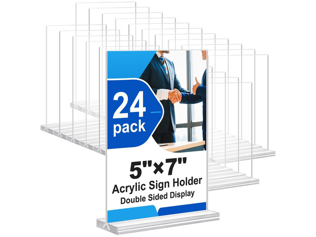Acrylic Sign Holder 5x7 Inches 24 Pack, Double Sided Clear Display Stand Table Top Sign Paper Holder, Vertical Menu Flyer Holder, Plastic Sign...