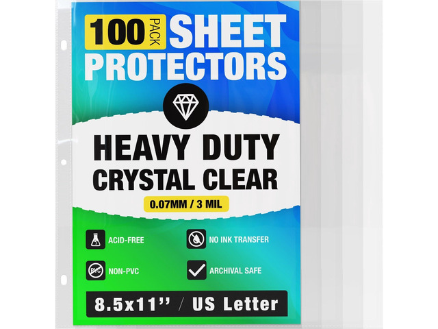 100 Pack of 8.5x11 Heavy Duty Crystal Clear Sheet Protectors for 3 Ring Binder, Plastic Page Sleeve Protectors for Paper Document (100 Pack, 8.5 x...