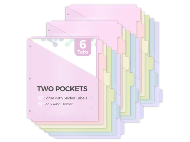6 Tabs Dividers with Two Pockets, Plastic Binder Dividers, 3 Sets Dividers for 3 Ring Binders,Extend Beyond Sheet Protectors, Binder Organizer for...