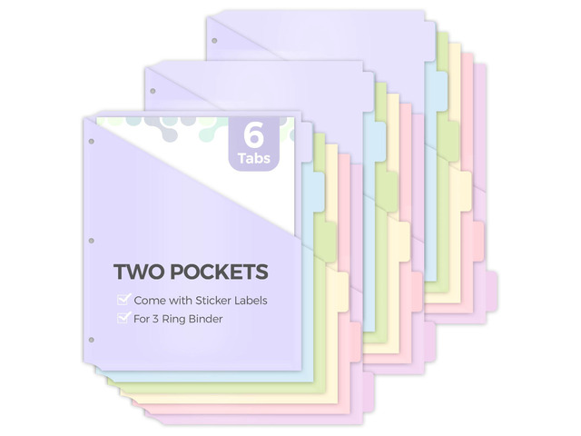 6 Tabs Dividers with Two Pockets, Plastic Binder Dividers, 3 Sets Dividers for 3 Ring Binders,Extend Beyond Sheet Protectors, Binder Organizer for...