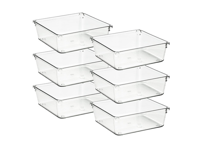 6 Pack Drawer Organizer, 6' x 6' Plastic Storage Bins Acrylic Tray Design, Non-Slip Pads, For Makeup, Jewelry, Kitchen Utensils, Bathroom, Office...
