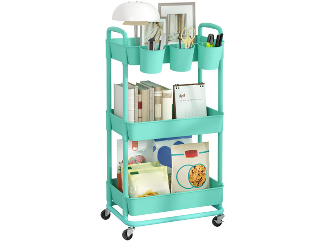 3-Tier Plastic Rolling Storage Cart Utility Cart Green Utility Cart with Extra Hanging Cups Arc-Shaped Handles Lockable Wheels for Living Room...