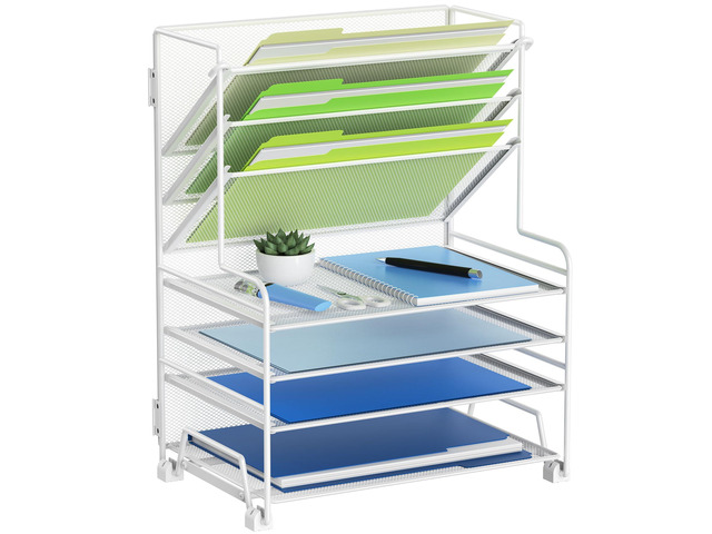 4-Tier Paper Organizer + 3-Pocket File Holder + Drawer + Pen Holders, Desktop File Organizers Paper Tray for Office Supplies School Classroom...