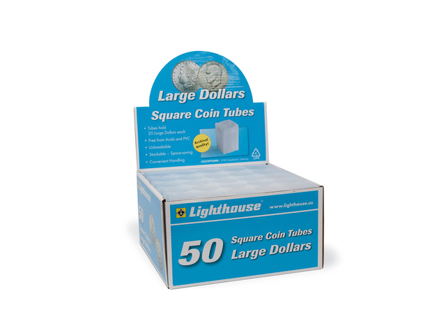 LIGHTHOUSE - Square Coin Tubes - Convenient Push Top, Virtually Unbreakable, Acid Free and Archival Quality - Coin Tubes for US Large Dollars, 50 Pack