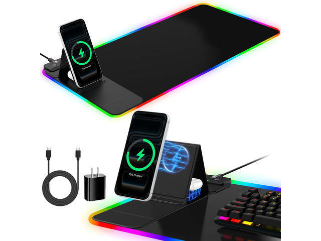 RGB Mouse Pad with Foldable Phone Stand Wireless Charger, 31.5'x11.8' XL Gaming Mousepad Large Desk Mat, Desk Pad with 11 Colors 5 Modes, Waterproof